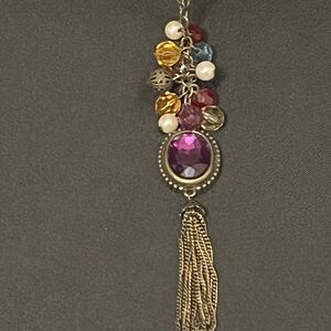NRT Multicolor Beaded Necklace with Purple Faceted Pendant and Tassel